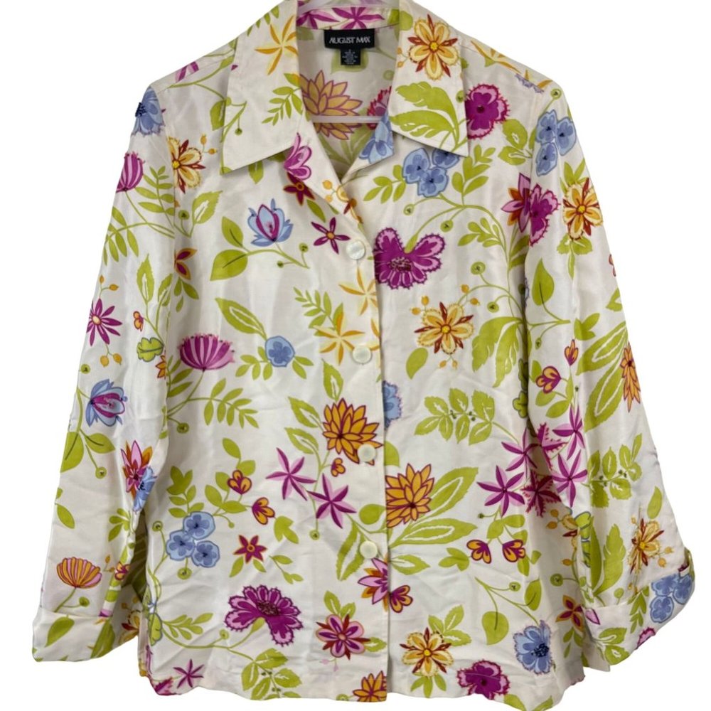August Max 100% Silk Floral Stitched and Beaded Long Sleeve Cuffed Blazer Size 1